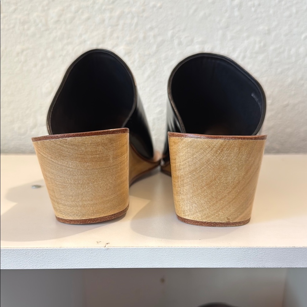 Rachel Comey Black Leather Wedge Mules with Wood Heel - Picture 3 of 7